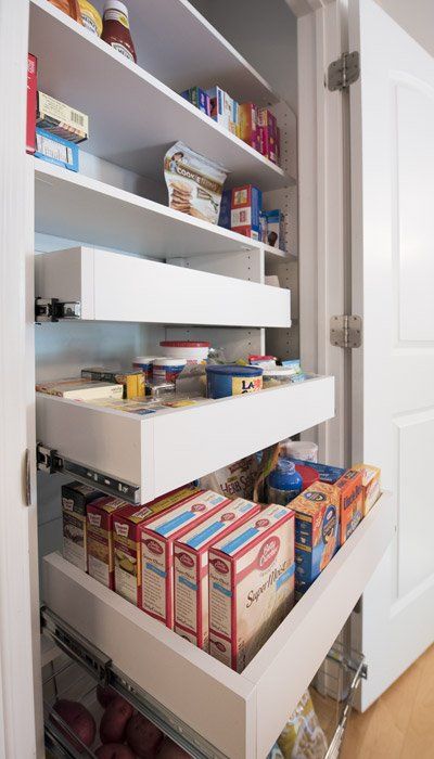 Pantry Organizers: Storage Drawers Versus Pull-Outs Pantry Pull Out Drawers, Small Pantry Cabinet, Small Pantry Closet, Pull Out Pantry Shelves, Shallow Pantry, Pantry Closet Design, Diy Pantry Organization, House Pantry, Small Pantry Organization