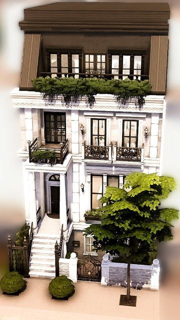 The Sims 4 Building Ideas No Cc, Parisian Townhouse Exterior, Parisian House Sims 4, Cute Townhouse Exterior, Sims 4 Brightchester, Sims Hospital Build, Brichester House Sims 4, Dark Academia Townhouse, French House Sims 4