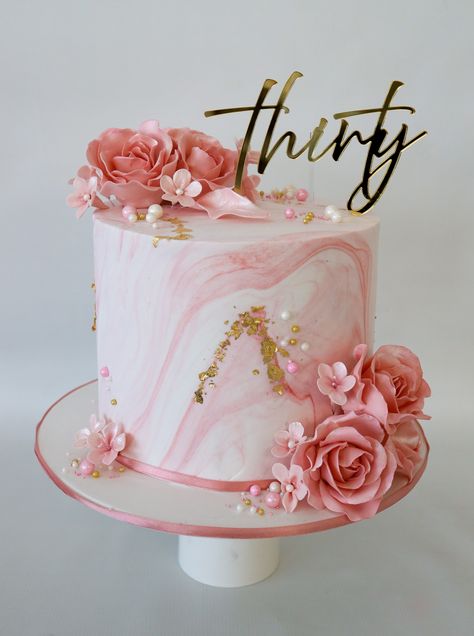 Marble Cakes Birthday, Pink Party Cake Ideas, Pink Marble Birthday Cake, 30th Birthday Cake For Women Pink, Pink Marbled Cake, Cake 40th Birthday Woman, Rose Gold Marble Cake, Marble Design Cake, Pink And Gold Birthday Cake Sweet 16