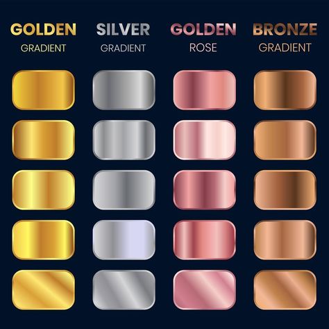 Gradient Swatches set, Collection Of Golden Gradient, Silver Gradient, Bronze Gradient, Golden Rose Gradient Rose Gold Foil Texture, Golden Gradient, Silver Gradient, Jewel Drawing, Gold Drawing, Gold Foil Texture, Concept Art Tutorial, How To Shade, Jewellery Sketches