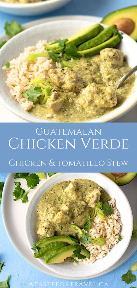 This delicious Chicken Verde recipe is a Guatemalan delight known as Jocon. The generous handfuls of cilantro, scallions, tomatillos and green chiles really make this emerald green dish shine. It's so easy and flavorful, you'll want to make it often! #chickenrecipes #dinner #stew #healthyrecipes Guatemalan Chicken Recipes, Tomatillo Stew, Guatemala Recipes, Guatamalan Recipes, Chicken Verde, Guatemalan Recipes, Pollo Guisado, Verde Recipe, Green Chiles