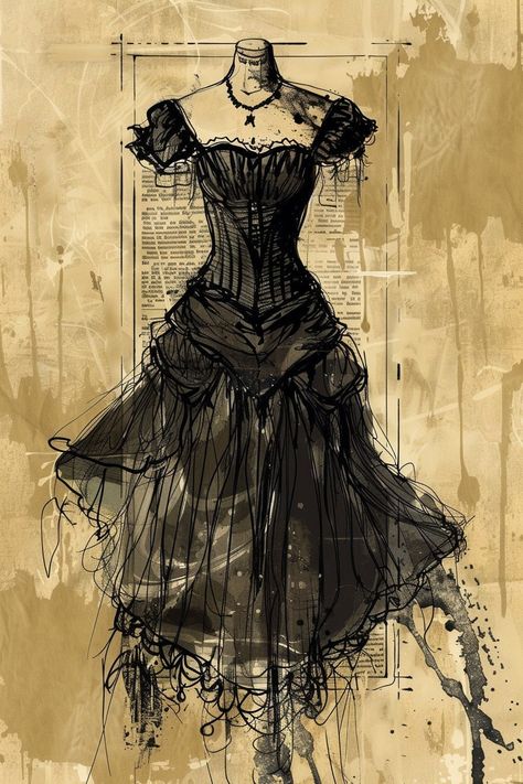 Dress Out Of Newspaper, Goth Victorian Dress Drawing, Gothic Fashion History, Old Dresses 1800, Elegant Dark Dress, Body Horror Inspiration, Victorian Fashion Sketches, Dress Fashion Design Sketch, Old Gothic Art