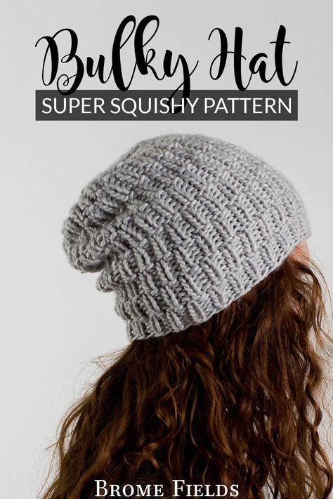 model wearing a simple chunky knitted beanie hat Free Chunky Hat Knitting Patterns, Bulky Yarn Knit Hat Pattern Free, Chunky Knit Beanie Pattern Free, Chunky Hat Knitting Pattern Free, Chunky Knit Hat Pattern Free, Chunky Knit Hat Pattern, Chunky Hat Pattern, Cable Knit Hat Pattern, Slouchy Beanie Pattern