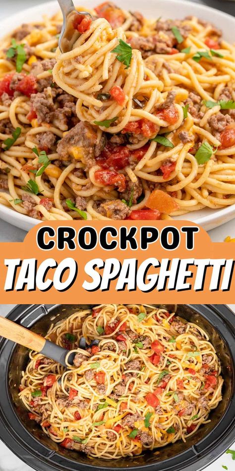 Crockpot Taco Spaghetti Crock Pot, Dinner Recipes With Rotel, Crockpot Speggetti, Football Crockpot Meals, Crockpot Rotel Pasta, Crockpot Hamburger Recipes Ground Beef, Crockpot Taco Spaghetti, Spaghetti Casserole Crockpot, Spaceshipsandlaserbeams Recipes