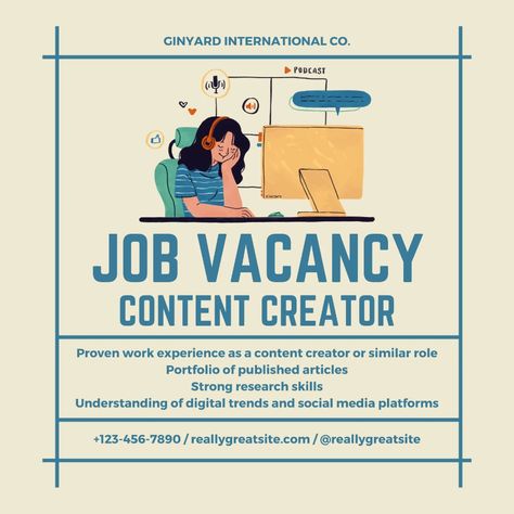 Job Posting Template, Content Creator Instagram, Job Poster, Beige Minimalist, Job Vacancy, Research Skills, Digital Trends, Canva Design, Job Posting