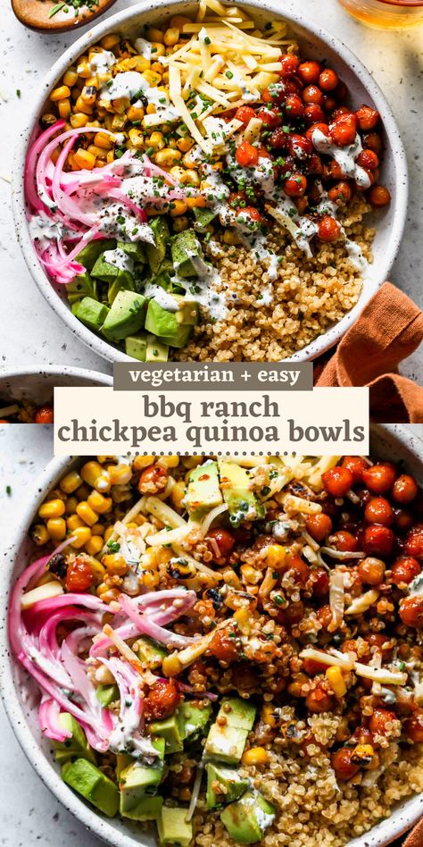 BBQ Ranch Chickpea Quinoa Bowls are perfect for make-ahead lunches. Featuring BBQ-glazed chickpeas, fire-roasted corn, pickled red onions, sharp cheddar, and quinoa with a healthy yogurt ranch dressing. Vegetarian, gluten free, and so flavorful. Chickpea Quinoa, Yogurt Ranch, Yogurt Ranch Dressing, Quinoa Bowls, Vegetarian Gluten Free, Healthy Bowls Recipes, Healthy Yogurt, Healthy Bowls, Roasted Corn