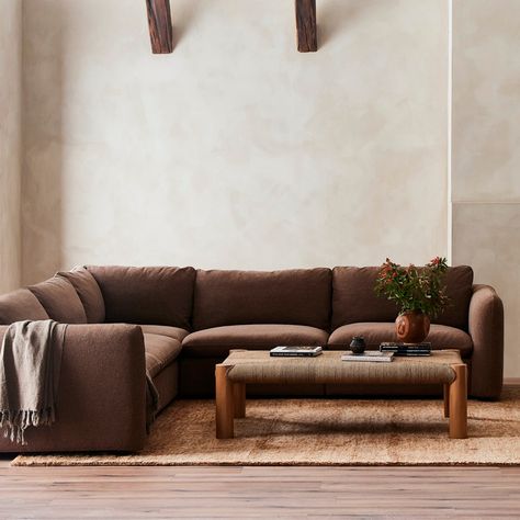 Four Hands Ingel 5-Piece Sectional - Antwerp Cafe Living Room Decor With Brown Sofa, Brown Sectional Living Room, Brown Couch Decor, Dark Brown Couch Living Room, Dark Brown Couch, Sectional Living Room Layout, Brown Couch Living Room, Earthy Living Room, Brown Sectional