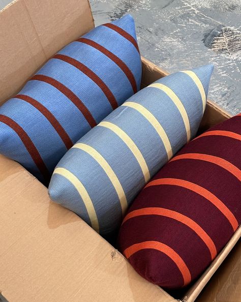 CUSHIONS – CURIOPRACTICE Grey Couch Pillow Ideas Colour Schemes, Stores Design, Striped Furniture, House Of Dreams, Buttons Design, Checked Cushions, Embroidered Labels, Knitting Machines, Pillows Decorative