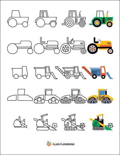 Printable How To Draw With Shapes Tractors 1 - Class Playground Simple Tractor Drawing, How To Draw A Tractor, Drawings With Shapes, Preschool Drawing Ideas, Draw With Shapes, Tractor Print, Tractor Drawing, Shapes Printable, Toddler Drawing