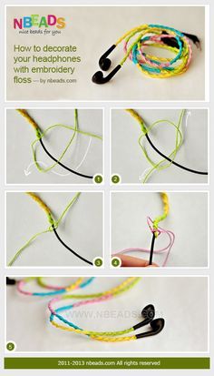 How to Decorate Your Headphones with Embroidery Floss | DIY & Crafts Tutorials How To Decorate Earbuds, How To Decorate Wired Headphones, Headphones Ideas Decorate, Wired Headphones Decorate, How To Decorate Headphones, Headphones Diy Decorate, Embroidery Headphones, Decorate Headphones, Bracelets Embroidery