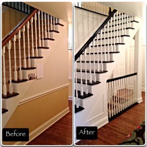 Staircase remodel - before and after Open Stairwell In Middle Of House, Opening Up A Staircase Before And After, Basement Stairs Under Main Stairs, Open Staircase In Middle Of House, Open Stairway To Basement, Painted Stairs Ideas, Stairs Upgrade, Open Basement Stairs, Basement Staircase