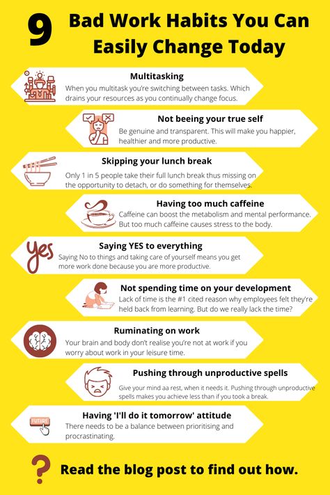 Time at work is a burden? Want to do something but unsure where to start? Change these 9 bad work habits to improve wellbeing, productivity, work motivation and happiness. Click to find out how in the blog. How To Get Work Done Faster, Wellbeing At Work, Management Notes, Work Vocabulary, Work Issues, Productivity Work, Work Wellness, Productivity At Work, Work Management