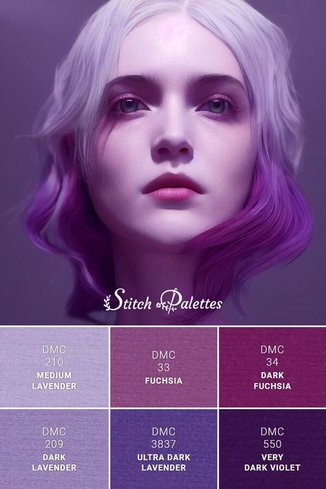 Purple Halloween Color Palette, Stitch Pallets, Pink And Purple Color Palette, Stitch Palette, Thread Color Chart, Dark Academia Color Palette, Ombre Eyeshadow, Stitch Palettes, Color Thesaurus