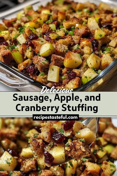 A delightful combination of savory sausage, sweet apples, and tangy cranberries, perfect for holiday meals or as a comforting side dish. Cranberry Sausage Apple Stuffing, Sausage Cranberry Apple Stuffing Thanksgiving Recipes, Stuffing With Sausage And Cranberries, Sausage And Cranberry Stuffing, Cranberry Sausage Stuffing Recipes, Apple Cranberry Stuffing Thanksgiving, Stuffing With Cranberries And Apples, Sausage Apple Stuffing Thanksgiving, Stuffing Recipes For Thanksgiving With Sausage