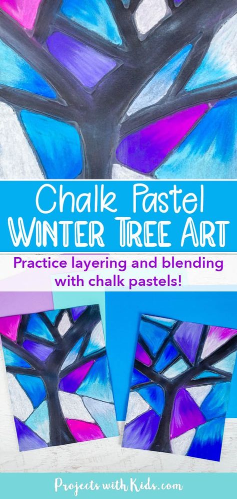 Use an easy glue resist technique to make this beautiful chalk pastel winter tree art project. Perfect for a classroom winter art activity! Winter Birch Tree Art For Kids, Elementary Winter Art Lessons, Winter Trees Art For Kids, Kindergarten Christmas Art Lessons, Winter Art 5th Grade, Christmas Craft 5th Grade, Christmas Chalk Art Ideas, Winter Solstice Art For Kids, Winter Art Lessons For Middle School