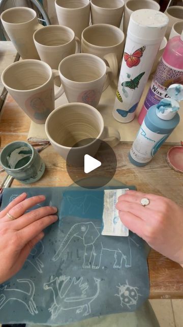 Hanna Lühl on Instagram: "I silkscreen-print with #duncancolors from @duncan_ceramics and expose and develop my drawings on @ezscreenprint sheets. I bought sheets that already have a light sensitive emulsion on them and I just expose them- with my drawings on top- to the sunlight. The silicone like, round thing I use to transfer the print on the clay, is called #gelliplate and I bought mine from #gerstecker. It helps printing on curved surfaces ." Printing On Clay, Drawing On Pottery, Ceramic Transfers, Pottery Slip, Clay Tips, Lithography Prints, Silkscreen Printing, Clay Studio, Silkscreen Print