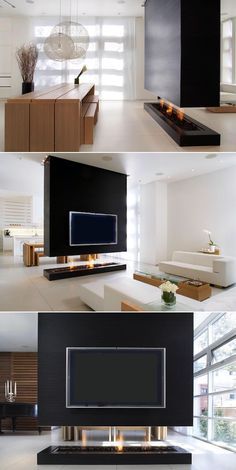 Suspended Tv Unit, Tv Camino, Wall Room Divider, Room Division, Fireplace And Tv, Tv Wall Ideas, Wall Divider, Living Room Divider, Drawing Room Decor