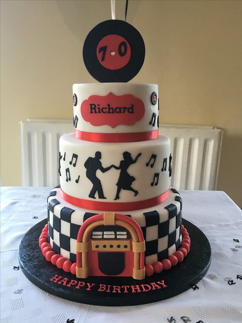 50's Themed Cake 50s Theme Cake Ideas, 50s Themed Birthday Cake, 1950 Cake Ideas, 50s Cake Theme, 1950s Cake Ideas, 50s Themed Cake, Grease Cake, Musician Cake, 50s Cake