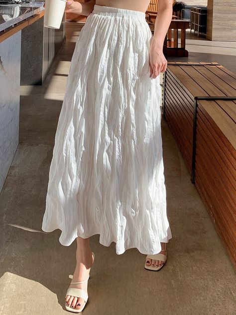 White Casual Collar  Fabric Plain Flared Embellished Non-Stretch  Women Clothing White Maxi Skirt Outfit, Girls Trips, White Long Skirt, White Maxi Skirts, Long Skirt Outfits, Maxi Skirt Outfits, Rock Outfit, Langer Rock, White Queen