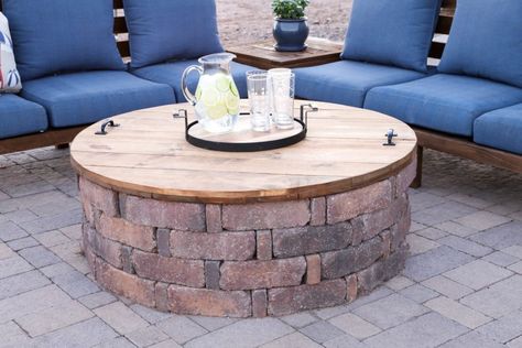 Learn how to turn your unused fire pit into a table with a DIY fire pit cover. This fire pit cover only uses a few tools and is a perfect project for beginners and experienced DIYers alike. Diy Fire Pit Cover, Sand Fire Pits, Fire Pit Table Cover, Fire Pit Table Top, Diy Fire Pit Ideas, Brick Patio, Wood Fire Pit, Round Fire Pit, Fire Pit Cover