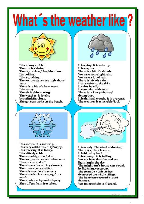 Weather - English ESL Worksheets Weather In English, Ingles Kids, Teaching Weather, Weather Worksheets, Weather Vocabulary, Weather Words, English Grammar Book, Teaching English Grammar, Grammar Book