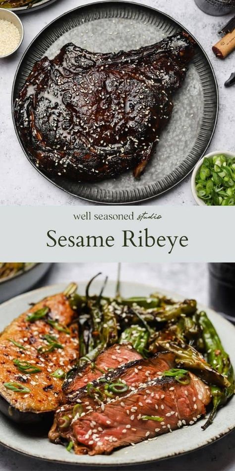 When it comes to a steak dinner at home, nothing is quite as celebratory as a cast iron ribeye! We marinate ours in a mix of sesame oil, tamari soy sauce, balsamic, sriracha, and brown sugar, giving the steak a deep, rich flavor. Cooking in a cast iron ensures even heat across the pan, helping to give the steak that crispy exterior, while keeping the center tender and juicy. Totally restaurant-worthy, but made at home! #wellseasonedstudio #ribeye #castiron #steak #castironskillet #... Asian Ribeye Steak Recipes, Best Ribeye Steak Marinade, Ribeye Recipes, Rib Eye Recipes, Asian Steak, Recipe Keeper, Ribeye Steak Recipes, Perfect Baked Potato, Marinated Steak