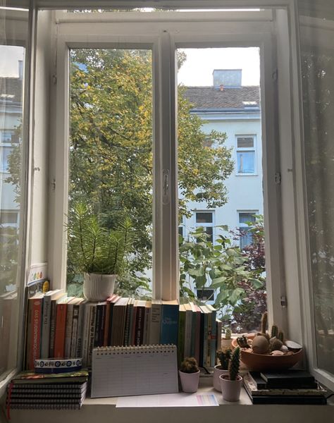 Window Bookshelf Ideas, Bookshelf By Window, Books In Window Sill, Large Window Sill Decor, Books On Windowsill, Windowsill Decor Aesthetic, Books Windowsill, Apartment Window Aesthetic, Window Book Shelf