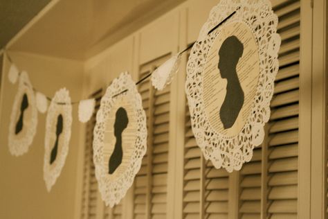 Jane Austen Decorations, Jane Austen Party Games, Jane Austen Party, Doily Banner, Jane Austen Wedding, Theatre Party, Bride And Prejudice, Jane Austin, 27th Birthday