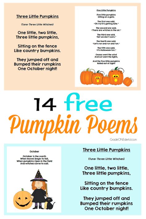 14 Free Pumpkin Poems for Kids #poemsforkids #halloween #pumpkinpoems #gradeonederful Halloween Poems For Kids, Inspiration For Teachers, Pumpkin Poem, Halloween Writing Activities, Kindergarten Poems, Autumn Poems, Halloween Poems, Poems For Kids, Mommy Ideas