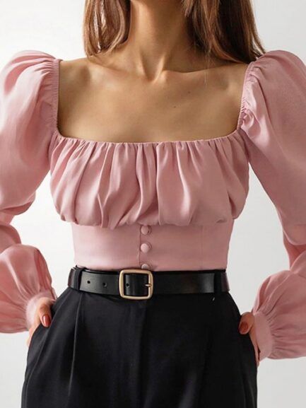 facf9f743b083008a894eee7baa16469desc51805911ri Frill Shirt, Elegant Blouses, Cropped Tops, Puff Sleeve Blouse, Neck Crop Top, Mode Inspo, Puff Sleeve Top, Online Fashion Stores, Brown Fashion