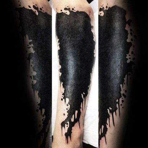 Inner Forearm Cover Up Tattoo Men, Blackwork Cover Up Tattoo Ideas, Splatter Tattoo Black, Black Out Design Tattoo, Leg Coverup Tattoo Men, Best Cover Up Tattoos For Men Forearm, Black Cover Up Tattoo Men, Void Tattoo Cover Up, Black Splatter Tattoo