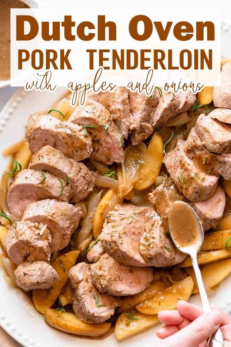 This hearty recipe for pork tenderloin cooked in a Dutch oven can be made in under 1 hour! Tender and juicy pork tenderloin is cooked with apples, onions, and herbs, in a flavorful gravy. Pork Tenderloin Dutch Oven, Dutch Oven Pork Tenderloin, Oven Pork Tenderloin, Recipe For Pork Tenderloin, Dutch Oven Pork, Cook Pork Tenderloin, Apples And Onions, Apple Pork Tenderloin, Juicy Pork Tenderloin