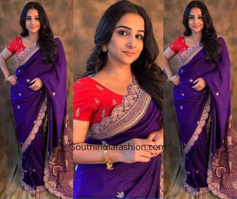 Vidya Balan wore a violet embellished saree teamed up with a red blouse by Anamika Khanna. Mission Mangal Promotions, Vidya Balan Saree look, Anamika Khanna saree Purple And Red Saree Blouse Combination, Violet Colour Combination Sarees, Brinjal Colour Saree Contrast Blouse, Purple Color Saree With Contrast Blouse, Dark Purple Saree Contrast Blouse, Violet Colour Saree Contrast Blouse, Voilet Saree Combination Blouse, Violet Saree Blouse Combination, Violet Saree Contrast Blouse