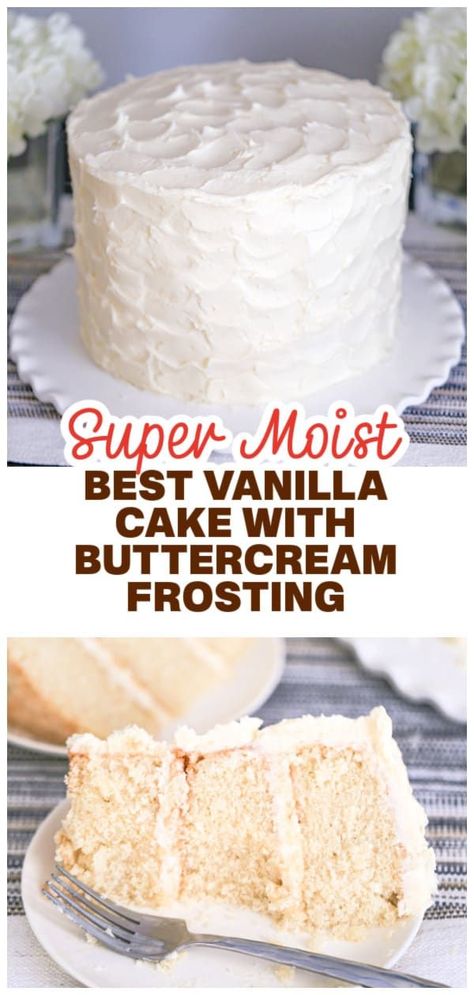 Super Moist Vanilla Cake with Vanilla Buttercream Frosting is the perfect pairing! Our luscious cake is super moist, rich and oozing vanilla flavor right along with the vanilla homemade classic buttercream frosting that is to die for!! This is one of the best cake recipes topped with fluffy buttercream frosting. Vanilla Cake Recipe Easy Simple, Diy Cake Recipes Homemade, Vinalla Cake, Best Moist Vanilla Cake, Best Moist Vanilla Cake Recipe, Super Moist Vanilla Cake, Moist Vanilla Cake Recipe, Vanilla Cake Recipe Moist, Vanilla Cake From Scratch