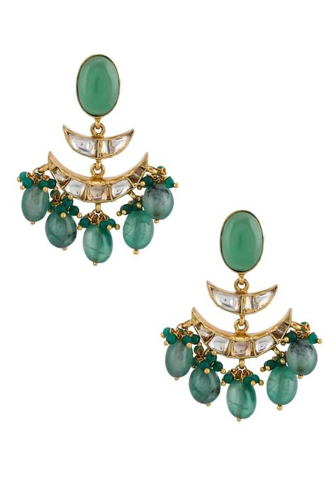 Gold toned chandbali earrings with kundan embellishment and green bead drops. Type: Kundan and Stones Composition: Silver Color: Gold Size L (inch): 2 Weight (gms): 21.90 Closure: Push back clasp - Aza Fashions Chandbali Earrings, Earring Collection, Luxury Sale, Mens Accessories Jewelry, Buy Gold, Online Earrings, Green Bead, Festival Wear, Aza Fashion