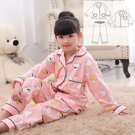 Kids Girls Night Suit - Free Sewing Pattern (Sizes 1-8 Years) - Do It Yourself For Free Kids Pajamas Pattern, Sundress Sewing Patterns, Suit Sewing Patterns, Girls Night Dress, Pajama Pattern, Sewing Kids Clothes, Kids Nightwear, Kids Dress Wear, Suit Pattern