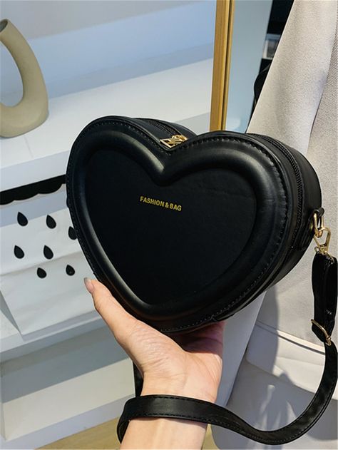 Black Preppy Collar  PU Leather Letter Novelty Bag Embellished   Women Bags Hari Valentine, Sacs Design, Trendy Shoulder Bag, Crossbody Bags For Women, Novelty Bags, Shoulder Messenger Bag, Black Handbags, Casual Bags, Heart Design