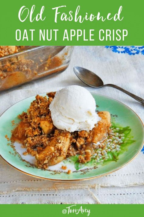 Old Fashioned Oat Nut Apple Crisp and The Story of Johnny Appleseed - A simple and scrumptious recipe for old fashioned spiced apple crisp with a hearty topping. A great recipe for back-to-school and as a go-along for a history study for homeschooling! | ToriAvey.com #applecrisp #apple #johnnyappleseed #autumn #harvest #fall #seasonal #oats #nuts #fruit #dessert #alamode #kosher #sweettooth #sweets #TorisKitchen Old Fashion Oats, Food Innovation, Johnny Appleseed, Apple Crisp Recipes, Kosher Recipes, Apple Seeds, Sukkot, Fruit Dessert, Scrumptious Desserts