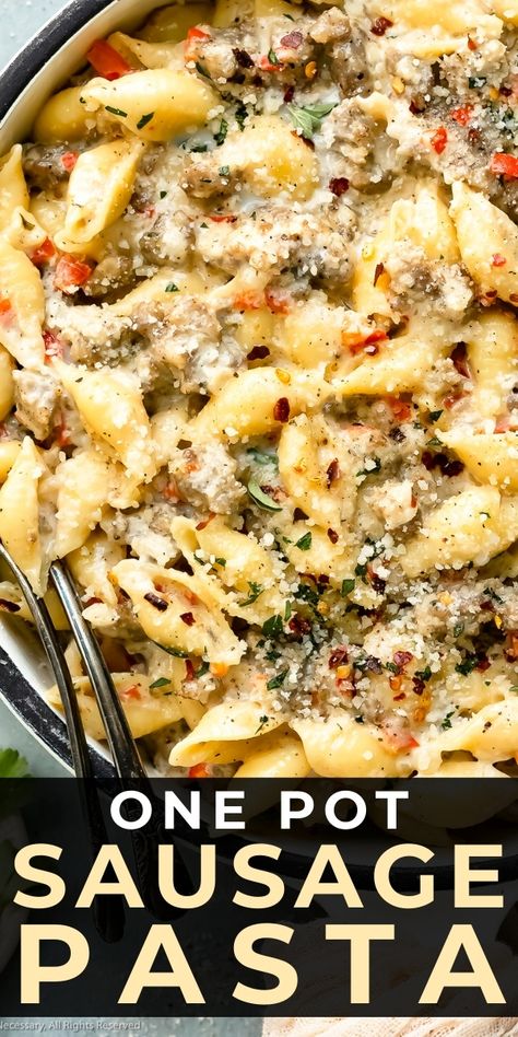 Creamy Tuscan Sausage Pasta, Tuscan Sausage Pasta, One Pot Sausage Pasta, Creamy Italian Sausage Pasta, Italian Sausage Recipes Pasta, One Pot Sausage, Tuscan Sausage, Ground Sausage Recipes, Creamy Sausage Pasta