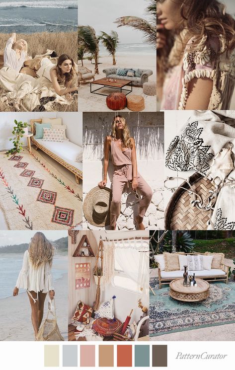 BOHEMIAN BEACH by Pattern Curator (SS20) Pattern Curator, Beach Bohemian, Mood Colors, Bachelor Of Fine Arts, Mood Board Inspiration, Bohemian Beach, Mood Board Fashion, Color Stories, Color Textures