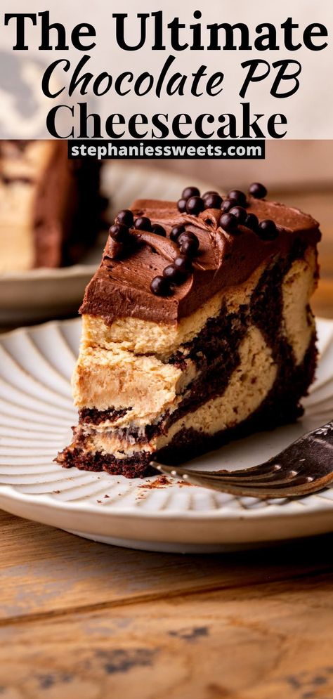 This chocolate peanut butter cheesecake combines peanut butter cheesecake with chocolate cake swirled together. It is an amazing combination of flavors and textures! Gourmet Cheesecake Recipes, Unique Cheesecake Flavors, Chocolate Peanut Butter Cheesecake Cake, Gourmet Cheesecake, Dessert Recipes Cake, Peanut Butter Chocolate Cheesecake, Flavored Cheesecake, Unique Cheesecake, Fun Cheesecake Recipes