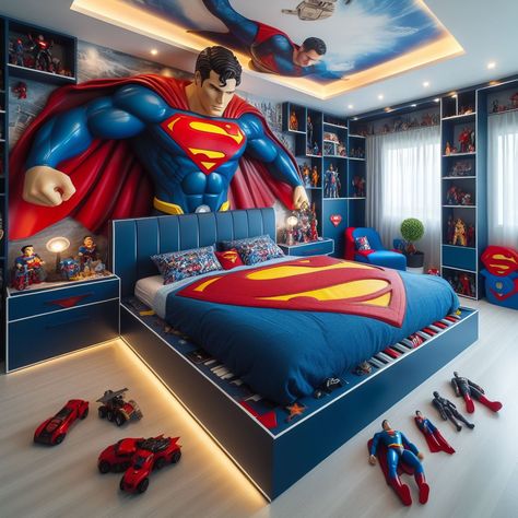 Bring Superman to bedroom 💤🛏️ Boy Room Decor Ideas For Kids, Superhero Room Ideas, Superman Bed, Marvel Boys Bedroom, Spiderman Kids Room, Superman Bedroom, Superman Room, Unique Bed Design, Cool Bedrooms For Boys