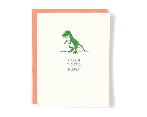 "This cute TRex Dinosaur birthday card is perfect for a child's first, 2nd or 10th. Our hand crafted greeting cards are unique, made from the highest quality paper and are perfect for friends, family and lovers. \"Have A T-Riffic Bday!\" Inside: [Blank] Luxe Cream, Professional Folded Stock Card 4.25 x 5.5. Includes A2 Coral Envelope, Plastic Sleeve Back of card features logo. Each design is initially hand drawn and put into production at our local family owned printing shop. By purchasing this card you are supporting local business." Cute Trex Dinosaur, Trex Birthday, Dinosaur Birthday Card, Brown Paper Package, 10th Birthday Party, Trex Dinosaur, First Birthday Cards, Dinosaur First Birthday, 10th Birthday Parties