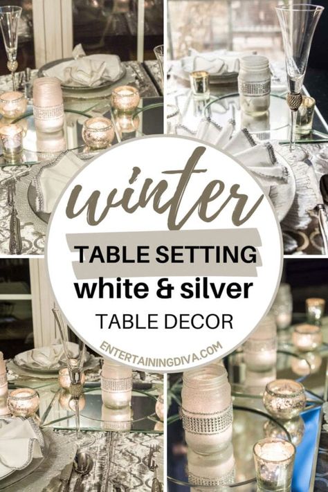 Create a beautiful tablescape this holiday season using the white & silver table decorations from this beautiful winter table setting. Silver Table Decorations, Silver Table Setting, Silver Tablescape, Silver Christmas Table, Winter Themed Party, Christmas Adam, Table Setting Christmas, Christmas Table Setting Ideas, Frosted Glass Candle Holder