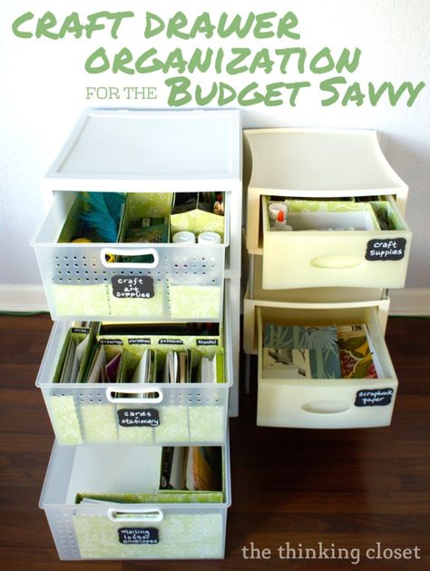 Craft Drawer Organization for the Budget Savvy - the thinking closet Craft Drawer Organization, Craft Organizer Cabinet, Craft Storage Drawers, Office Drawer Organization, Organizing Life, Plastic Drawer Organizer, Drawer Organization, Scrapbook Organization, Organize Craft Supplies