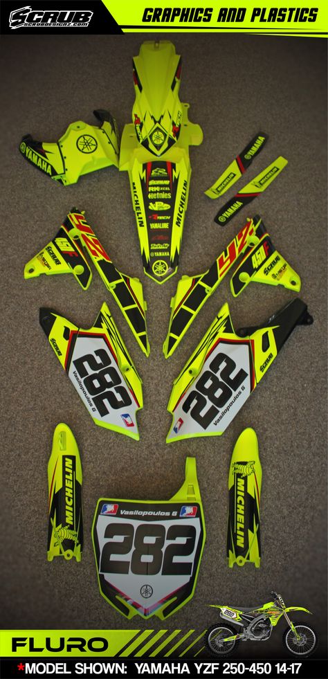 Have you ever heard about fluorescent / neon dirt bike graphics? It looks just insane! And we do them! Graphics + plastics + installation = SCRUBdesignz #fluro #fluorescent #neon #dirtbike #mx #motocross #yamaha Dirt Bike Yamaha, Dirt Bike Tattoo, Dirt Bike Graphics, Motocross Decals, Bmx Bikes For Sale, Bike Yamaha, Bike Graphics, Yamaha Dirt Bikes, Yamaha Motocross