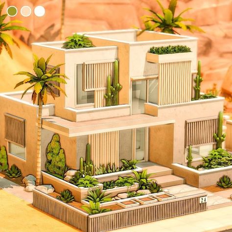 Sims 4 Desert Luxe House, Sims Oasis House, Sims 4 Modern Townhouse, Oasis Springs Sims 4 House, Sims 4 Spa Ideas, Sims Oasis Springs House, Eco Lifestyle Sims 4 House, Sims 4 Build Inspiration, Eco Modern House