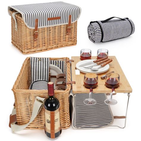 PRICES MAY VARY. PATENTED!!!【MEASUREMENTS】W 18" x D 11" x 9.5" H/10.25" picnic basket with table, large and strong picnic gift hamper with removable bamboo wine & snack table, picnic blanket with waterproof backing, handmade of durable natural willow. The picnic basket will last for years. 【WINE & SNACK TABLE】 Willow basket comes with detachable wine table as lid, the wine table can be used separately for a short trip, it is with fold-able metal legs, stable to put your cheese snacks on, 4 slots Luxury Picnic Basket, Wine Picnic Basket, Wine Snacks, Picnic Gifts, Picnic Basket Set, Wine Picnic, Waterproof Picnic Blanket, Plastic Wine Glasses, Picnic Hamper