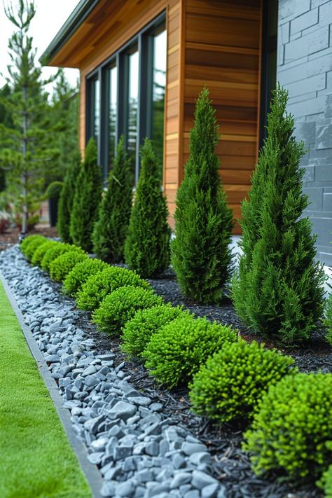 Incorporate edible plants, such as herbs, vegetables, and fruit trees, into your garden design. Landscape Blocks Ideas Front Yards, Minimal Maintenance Landscaping, Modern Industrial Landscaping, Commercial Building Landscape Design, Landscaping For Black House, Landscape Garden Ideas Low Maintenance, Modern Contemporary Garden, Landscape Design Side Of House, Landscape Planting Plan