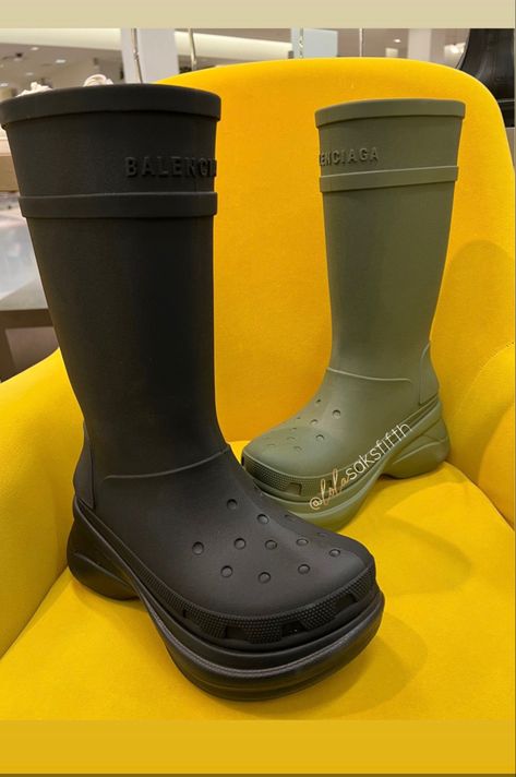 Croc boots Croc Boots Outfit, Balenciaga Croc Boots, Rain Boots Outfit, Croc Boots, Rain Boot Outfit, Crocs Outfit, Croc Heels, Black Boots Outfit, Crocs Boots